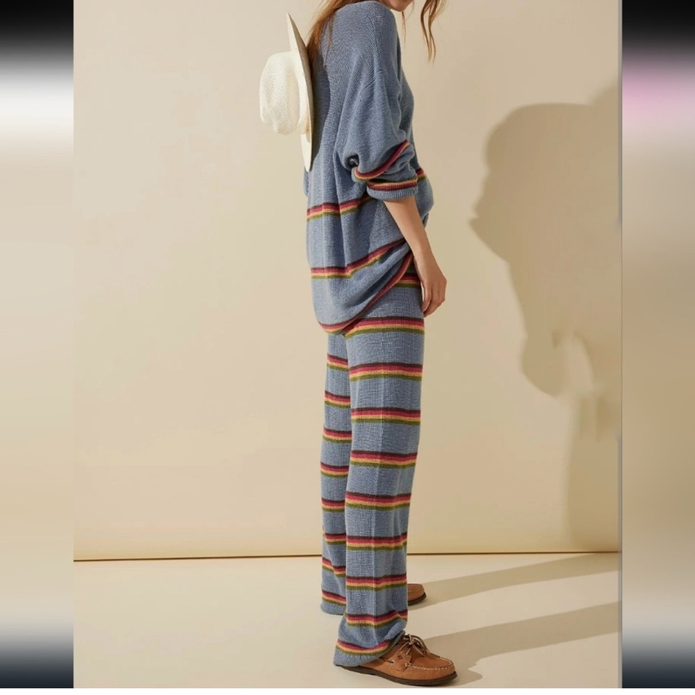 Free People Beach Anthropologie Mariner dusty blue stripe knit pant set XS NWT